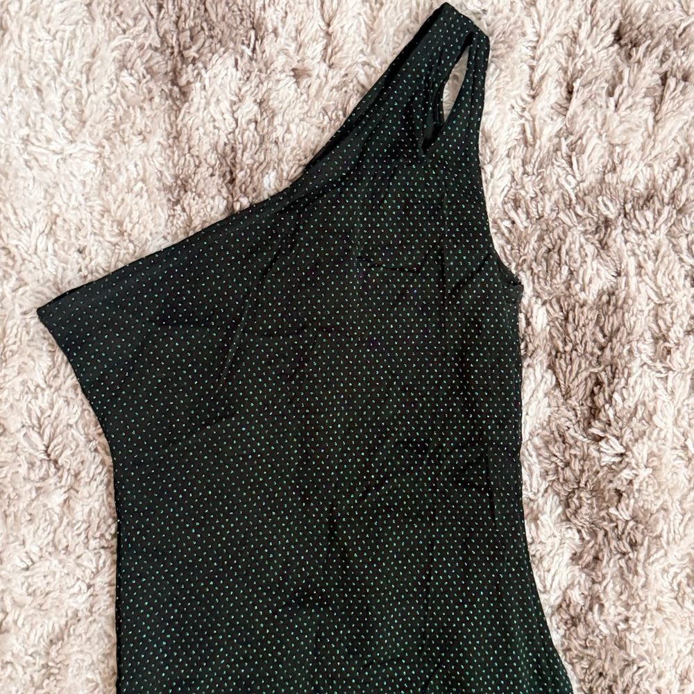 Vintage Y2K Glimmery Green Polka Dot One Shoulder Hugging Dress